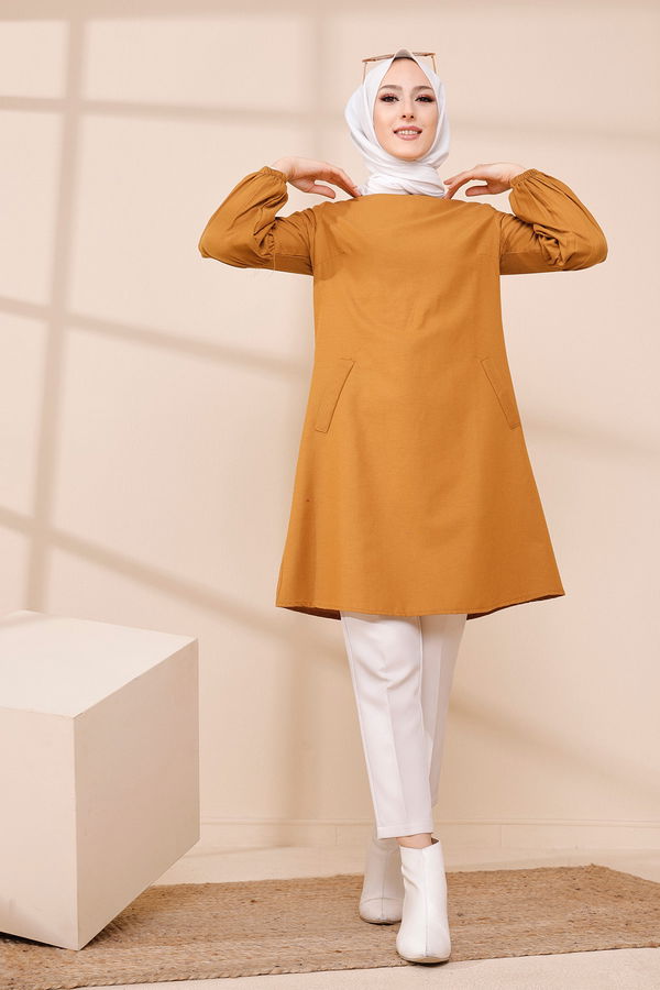 Düz Bisiklet Yaka Kadın Taba TUNIK - 3026
