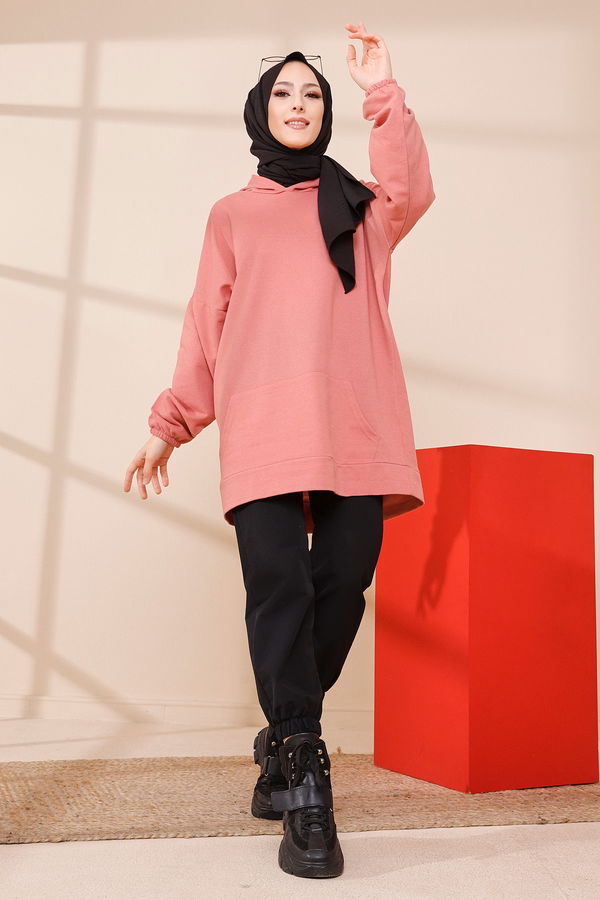 Düz Kapsonlu Yaka Kadın Pembe KAPSONLU SWEAT - 3293 PEMBE