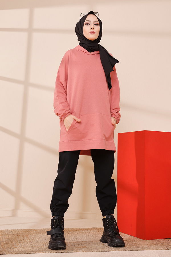 Düz Kapsonlu Yaka Kadın Pembe KAPSONLU SWEAT - 3293 PEMBE