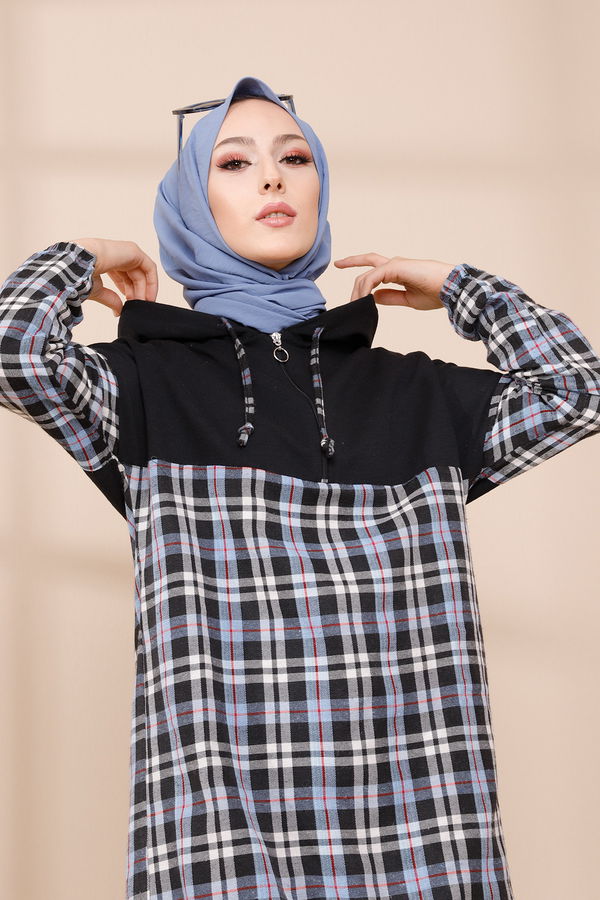 Düz Kapşonlu Yaka Kadın Mavi KAPSONLU TUNIK - 3300