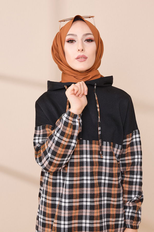 Düz Kapşonlu Yaka Kadın Taba KAPSONLU TUNIK - 3300 TABA