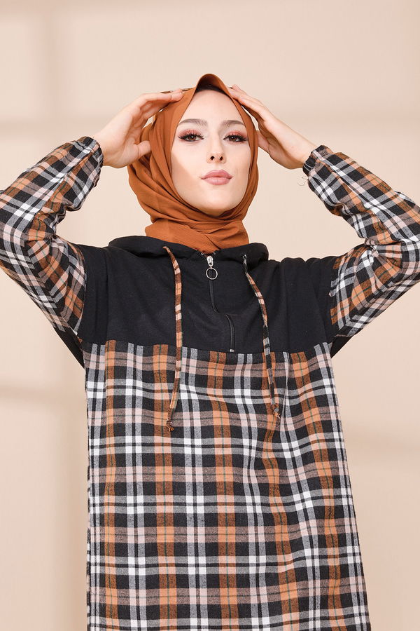 Düz Kapşonlu Yaka Kadın Taba KAPSONLU TUNIK - 3300 TABA