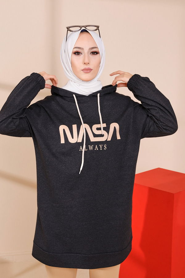 Düz Orta Kadın Antrasit BASKILI KAPSONLU TUNIK - 4174