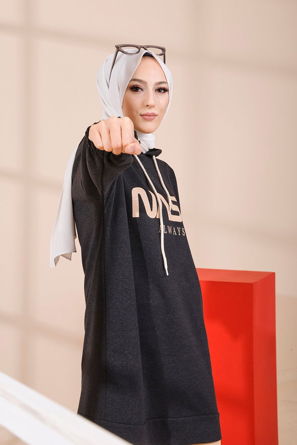 Düz Orta Kadın Antrasit BASKILI KAPSONLU TUNIK - 4174