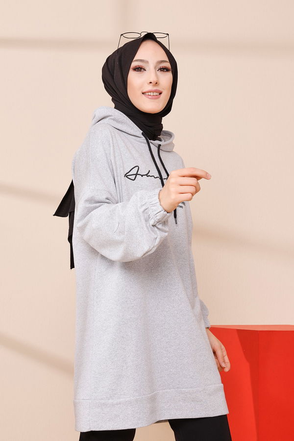 Düz Orta Kadın Gri BASKILI KAPSONLU TUNIK - 4179 GRİ