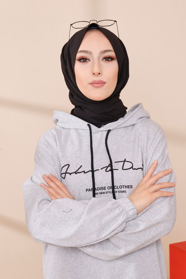 Düz Orta Kadın Gri BASKILI KAPSONLU TUNIK - 4179 GRİ