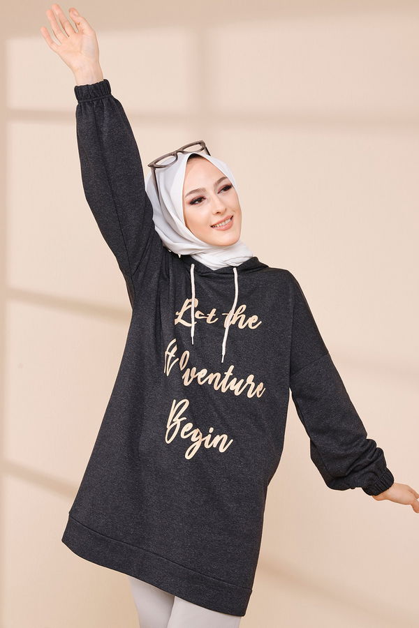 Düz Orta Kadın Antrasit BASKILI KAPSONLU TUNIK - 4180 ANTRASİT