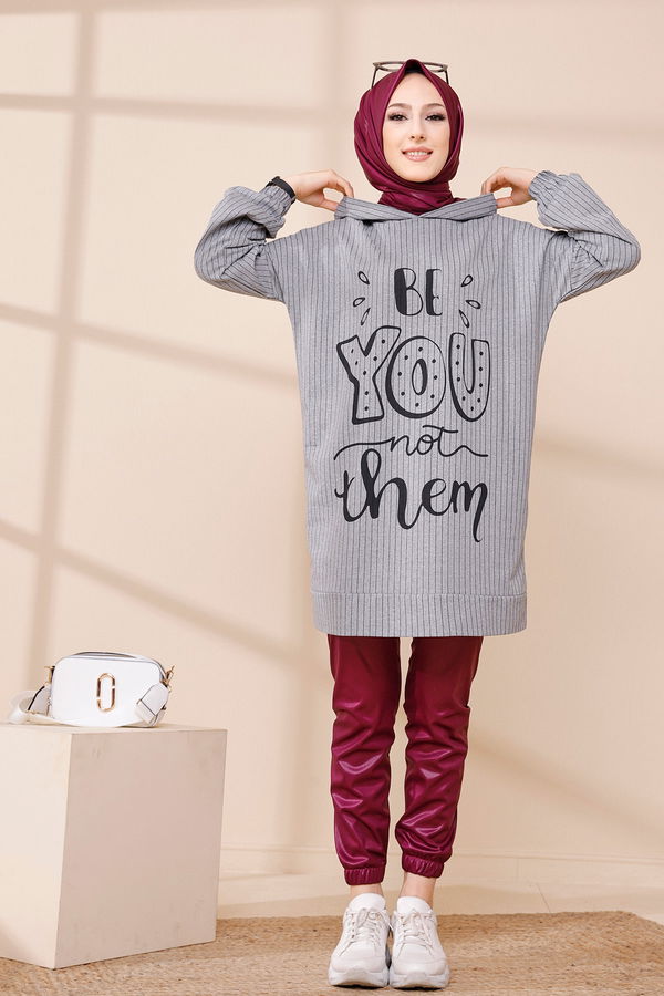Düz Kapşonlu Yaka Kadın Gri SWEAT - 4184
