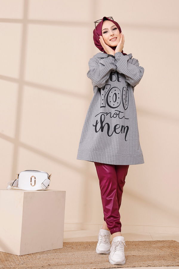 Düz Kapşonlu Yaka Kadın Gri SWEAT - 4184