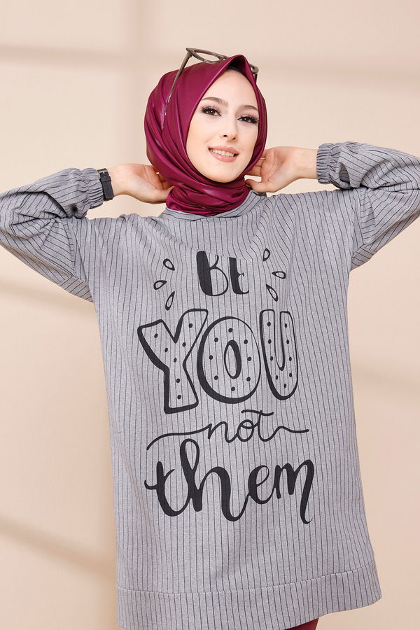 Düz Kapşonlu Yaka Kadın Gri SWEAT - 4184