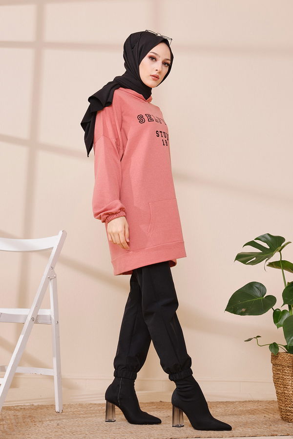 Düz Kapşonlu Yaka Kadın Pembe KAPSONLU SWEAT - 3322 PEMBE
