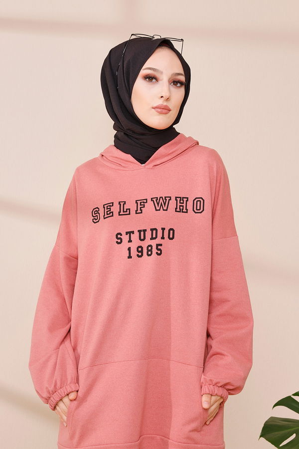Düz Kapşonlu Yaka Kadın Pembe KAPSONLU SWEAT - 3322 PEMBE