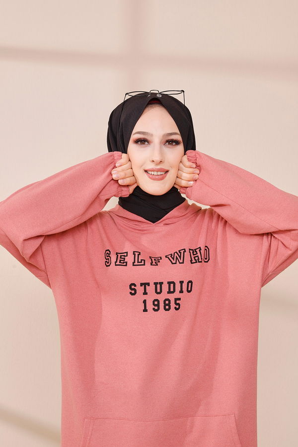 Düz Kapşonlu Yaka Kadın Pembe KAPSONLU SWEAT - 3322 PEMBE