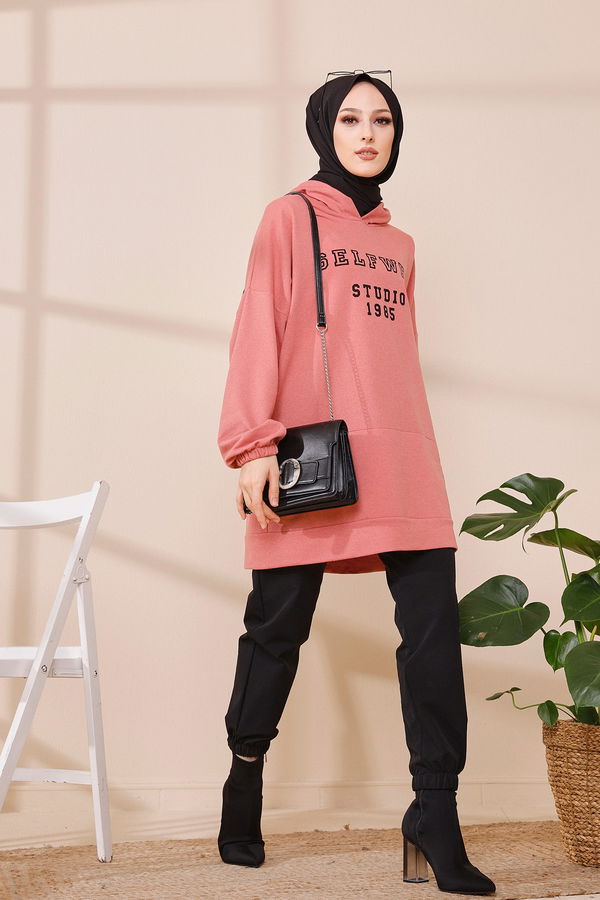 Düz Kapşonlu Yaka Kadın Pembe KAPSONLU SWEAT - 3322 PEMBE