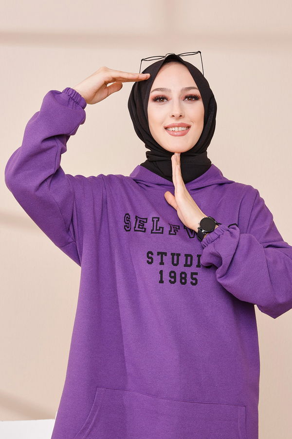 Düz Orta Kadın Mor Kapsonlu Sweat - 3322