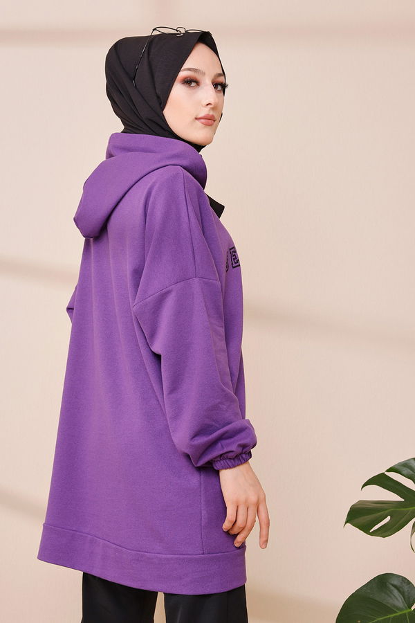 Düz Orta Kadın Mor Kapsonlu Sweat - 3322
