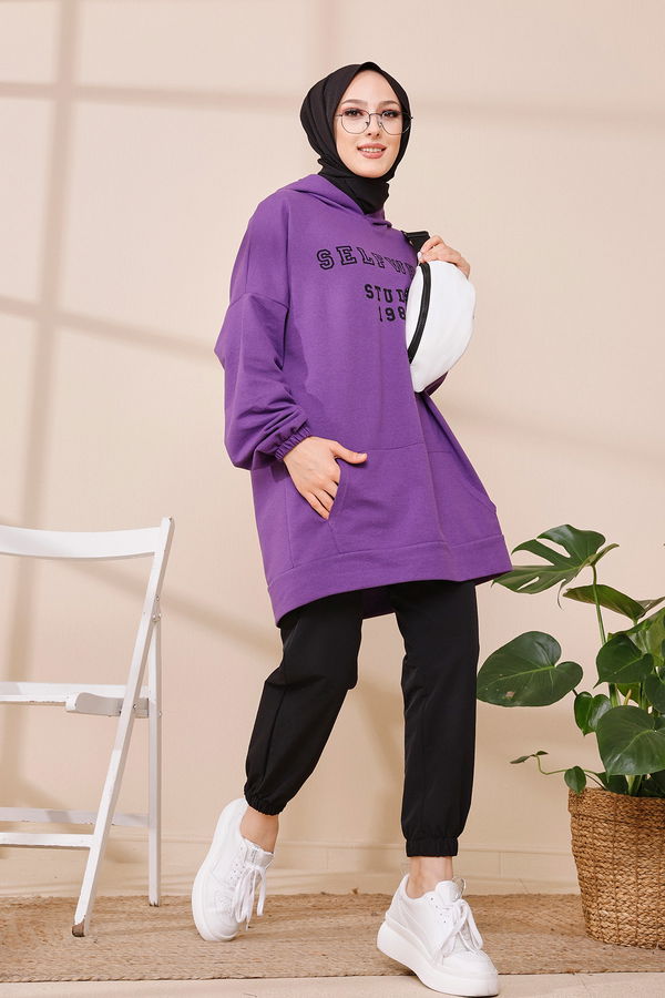 Düz Orta Kadın Mor Kapsonlu Sweat - 3322