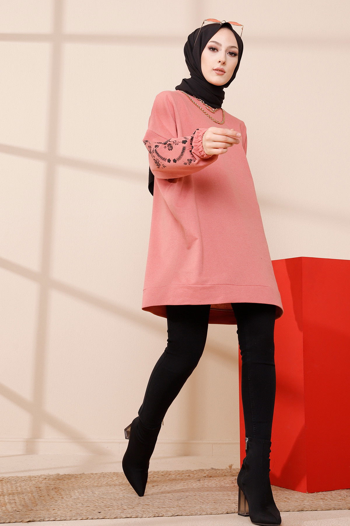 Düz Bisiklet Yaka Kadın Pembe TUNIK - 3357 PEMBE