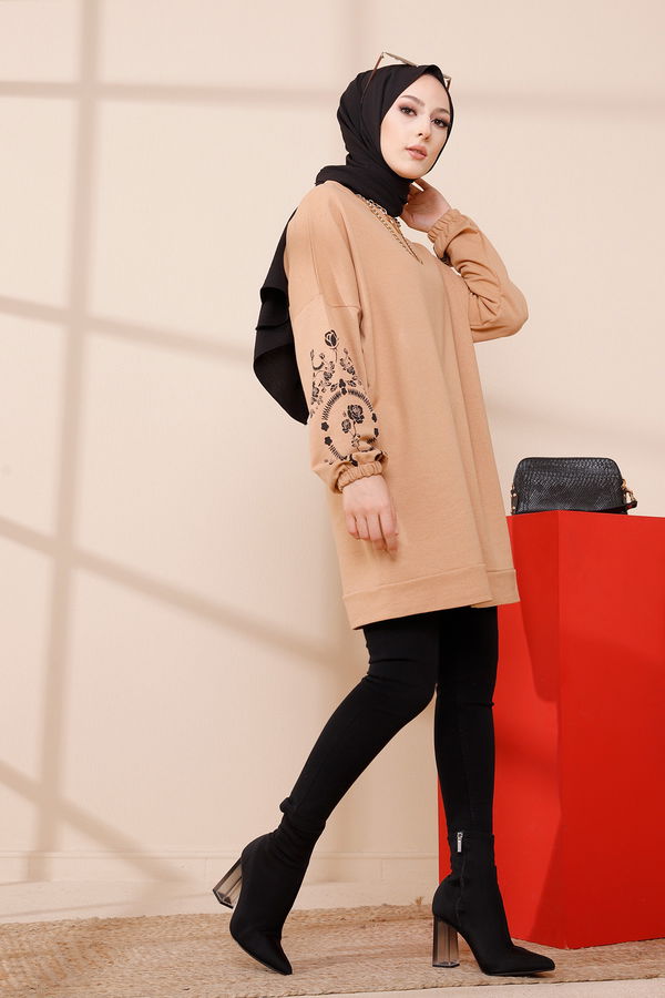 Düz Bisiklet Yaka Kadın Taba TUNIK - 3357 TABA