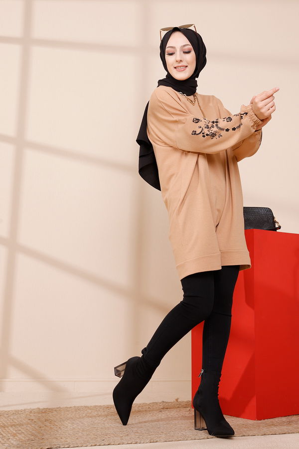 Düz Bisiklet Yaka Kadın Taba TUNIK - 3357 TABA