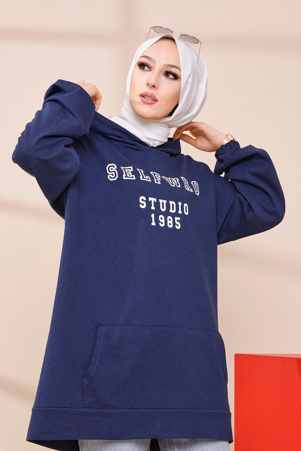 Düz Orta Kadın Lacivert Kapsonlu Sweat - 3322 LACİVERT