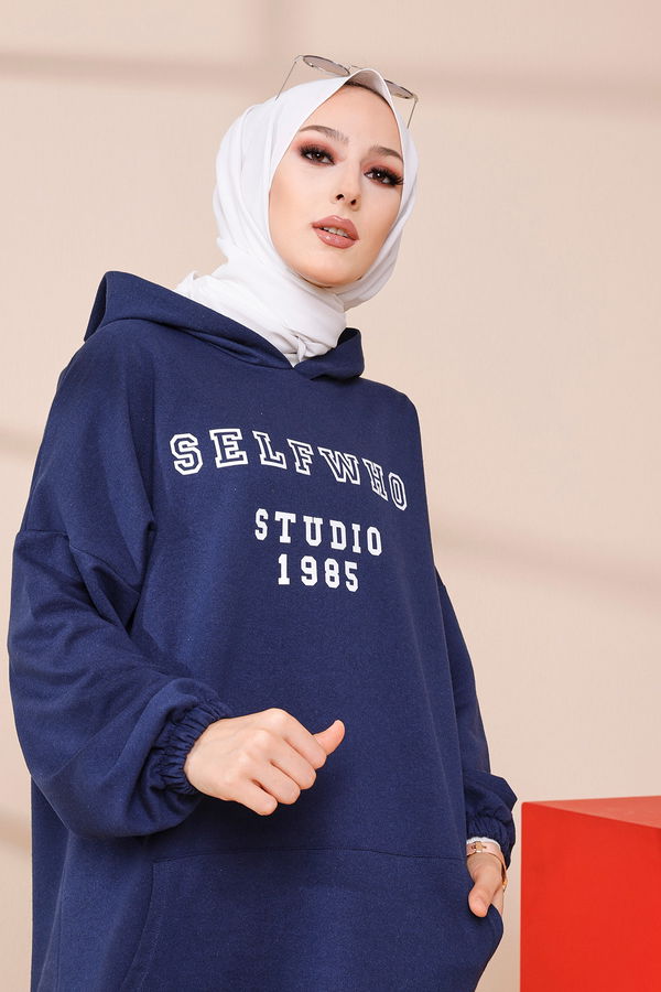 Düz Orta Kadın Lacivert Kapsonlu Sweat - 3322 LACİVERT