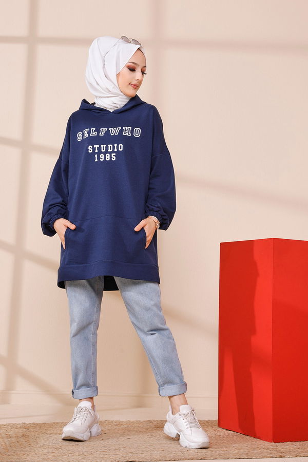 Düz Orta Kadın Lacivert Kapsonlu Sweat - 3322 LACİVERT