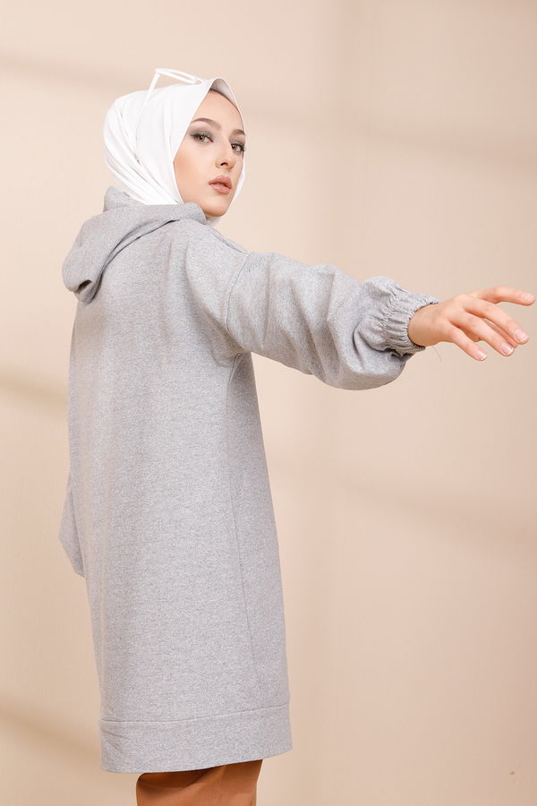 Düz Orta Kadın Gri BASKILI KAPSONLU TUNIK - 4178 GRİ