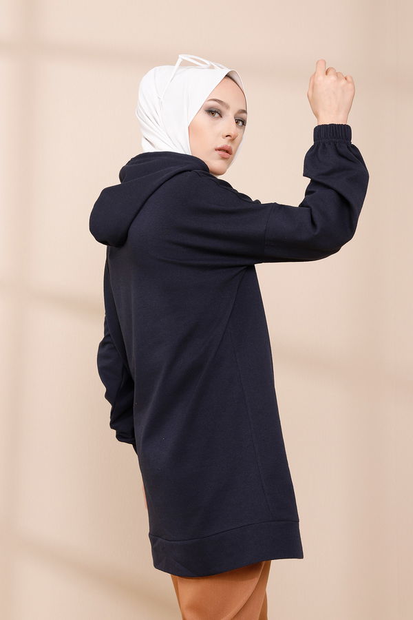 Düz Orta Kadın Lacivert BASKILI KAPSONLU TUNIK - 4178