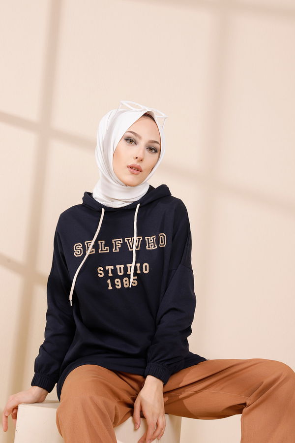 Düz Orta Kadın Lacivert BASKILI KAPSONLU TUNIK - 4178
