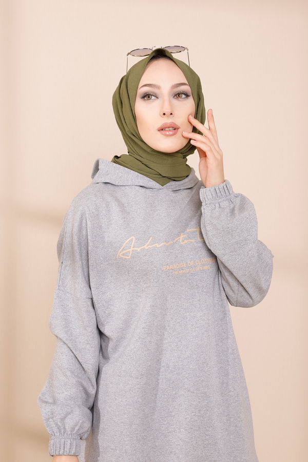 Düz Orta Kadın Gri BASKILI KAPSONLU TUNIK - 4179