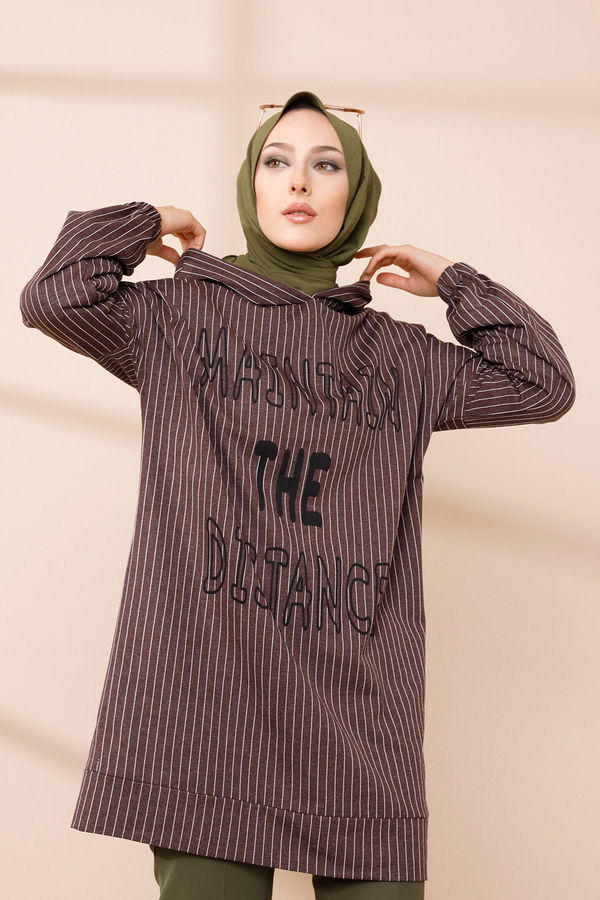 Düz Kapşonlu Yaka Kadın Kahverengi SWEAT - 4185 KAHVERENGİ