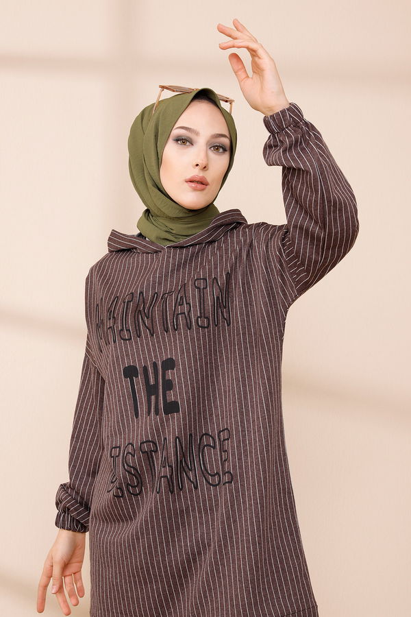 Düz Kapşonlu Yaka Kadın Kahverengi SWEAT - 4185 KAHVERENGİ