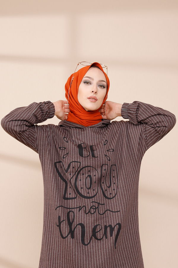 Düz Kapşonlu Yaka Kadın Kahverengi SWEAT - 4184