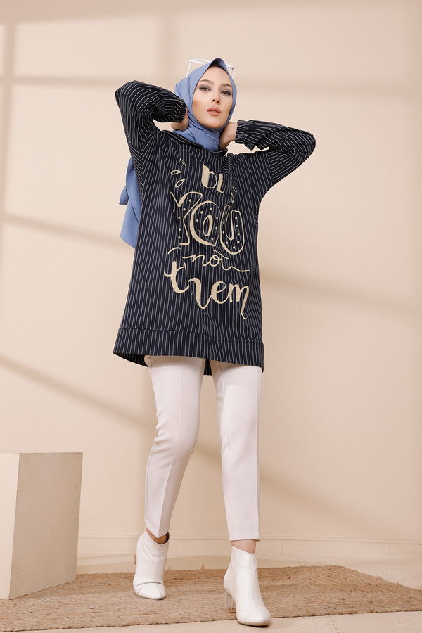 Düz Kapşonlu Yaka Kadın Lacivert SWEAT - 4184 LACİVERT