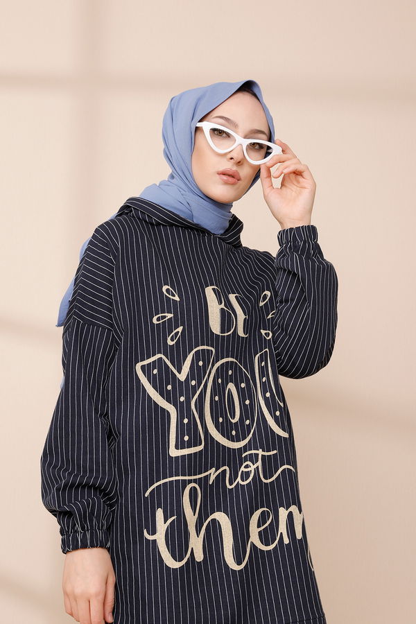 Düz Kapşonlu Yaka Kadın Lacivert SWEAT - 4184 LACİVERT