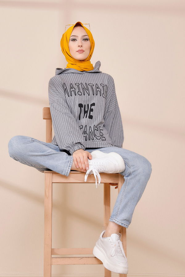 Düz Kapşonlu Yaka Kadın Gri SWEAT - 4185 GRİ