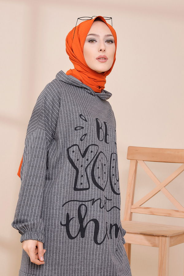 Düz Kapşonlu Yaka Kadın Gri SWEAT - 4184