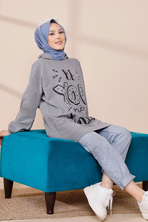 Düz Kapşonlu Yaka Kadın Gri SWEAT - 4184