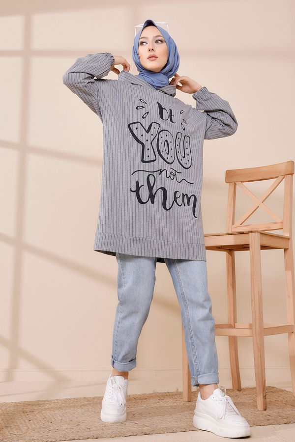 Düz Kapşonlu Yaka Kadın Gri SWEAT - 4184