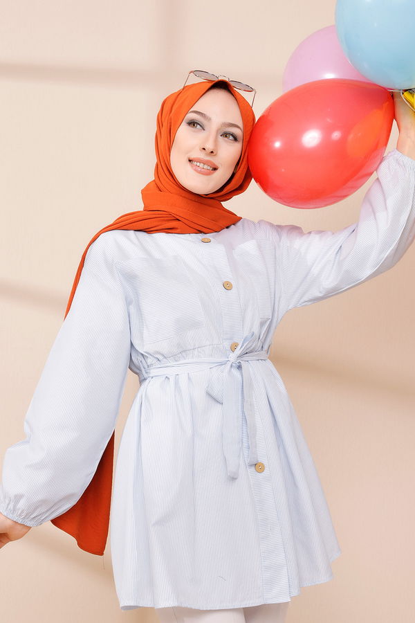 Düz Bisiklet Yaka Kadın Mavi TUNIK - 8674