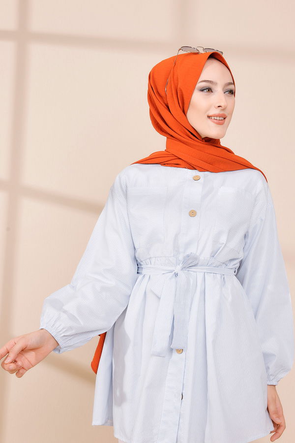 Düz Bisiklet Yaka Kadın Mavi TUNIK - 8674