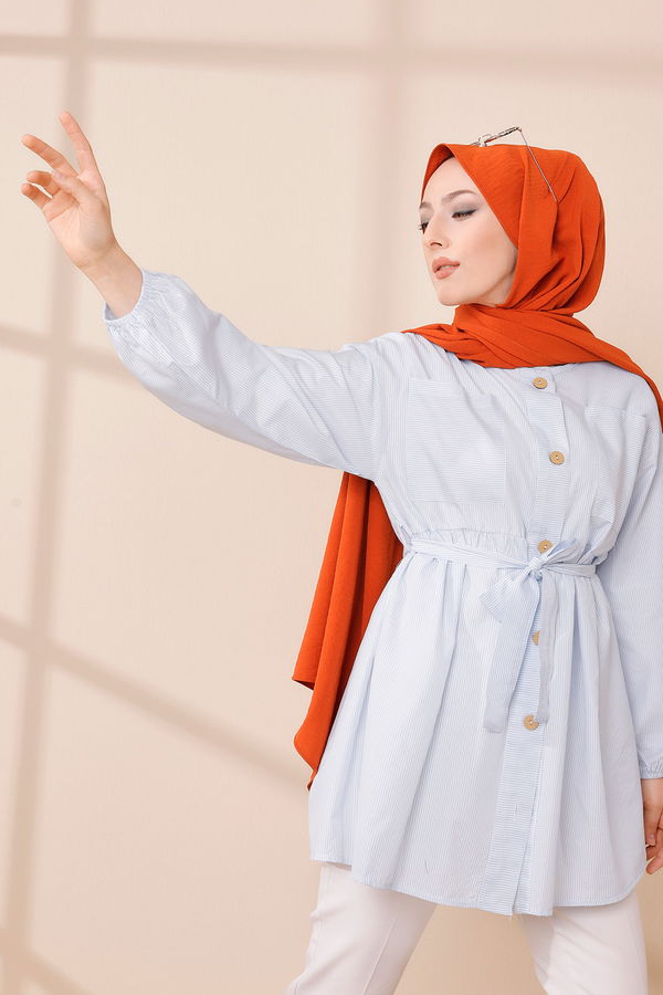 Düz Bisiklet Yaka Kadın Mavi TUNIK - 8674