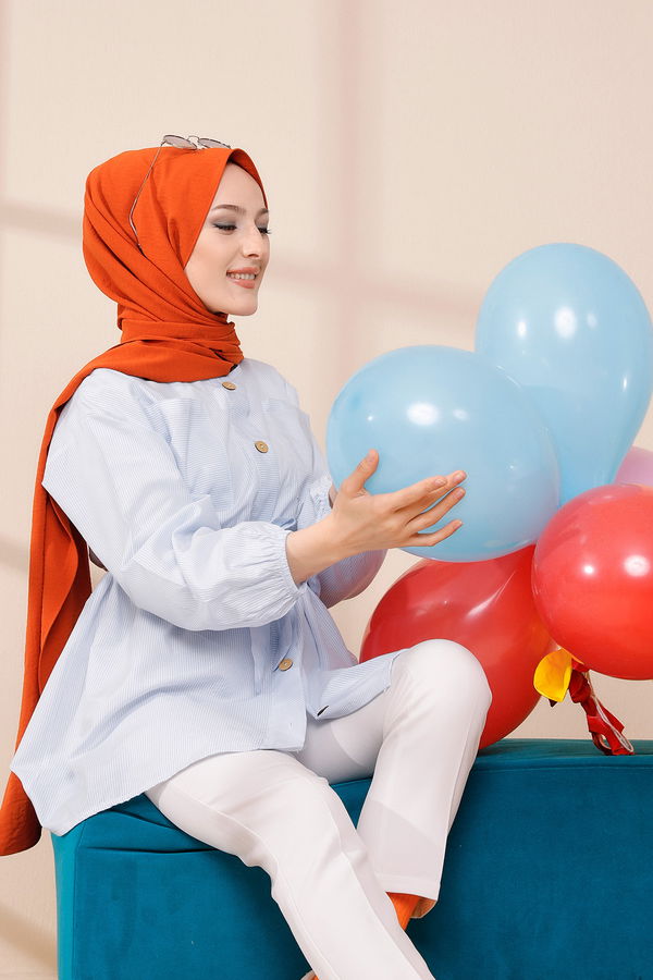 Düz Bisiklet Yaka Kadın Mavi TUNIK - 8674