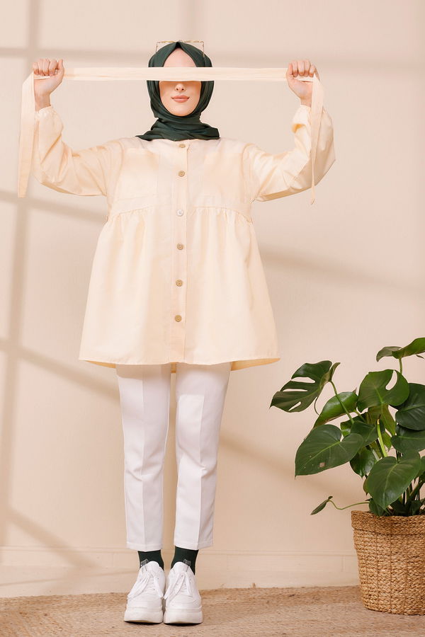 Düz Bisiklet Yaka Kadın Sarı TUNIK - 8674 Sarı