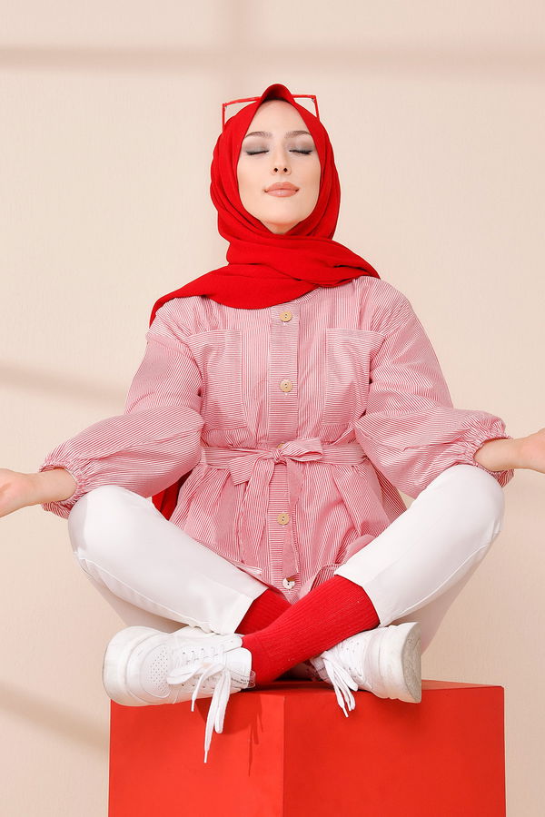 Düz Bisiklet Yaka Kadın Kırmızı TUNIK - 8674