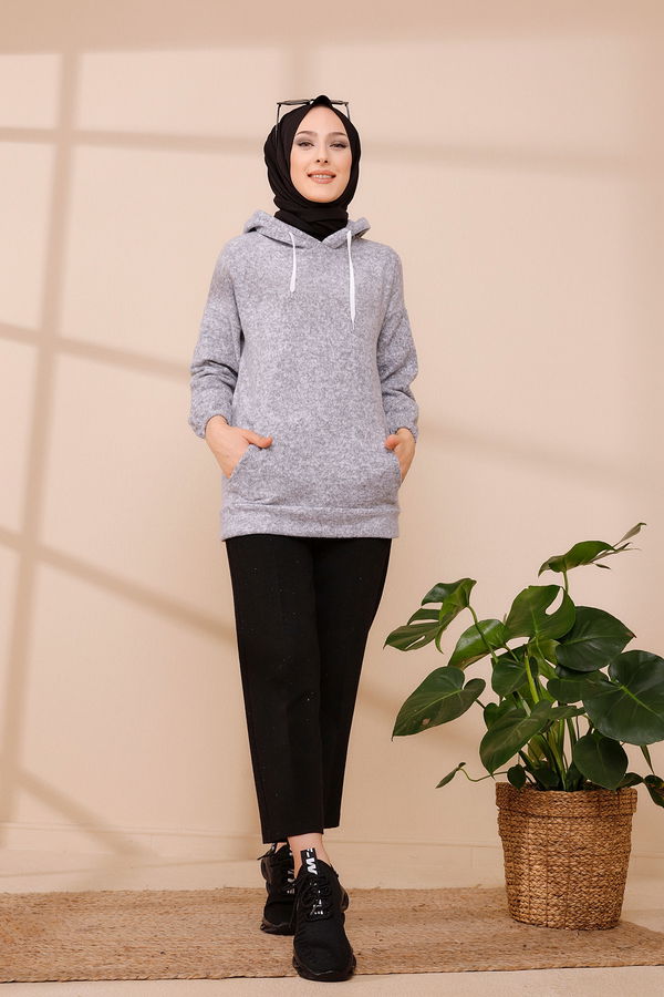 Düz Orta Kadın Gri KAPSONLU TUNIK - 3475