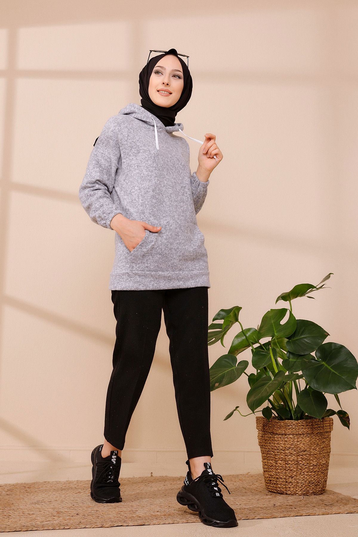 Düz Orta Kadın Gri KAPSONLU TUNIK - 3475