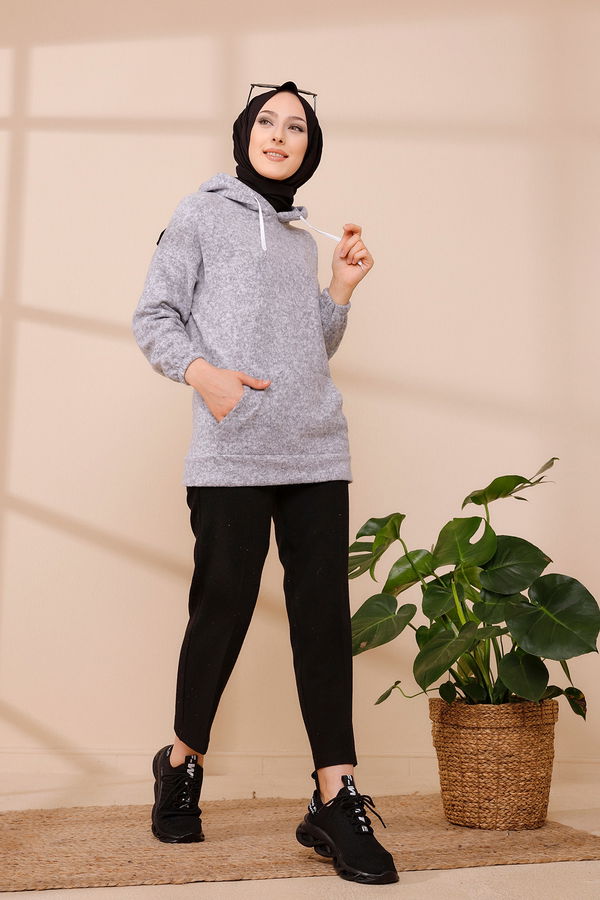 Düz Orta Kadın Gri KAPSONLU TUNIK - 3475