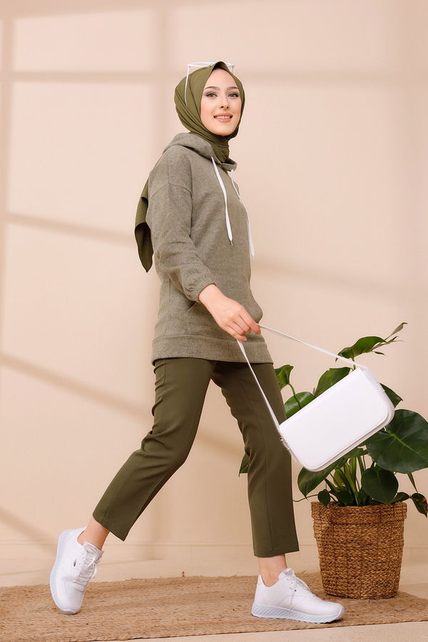 Düz Orta Kadın Haki KAPSONLU TUNIK - 3475 HAKİ